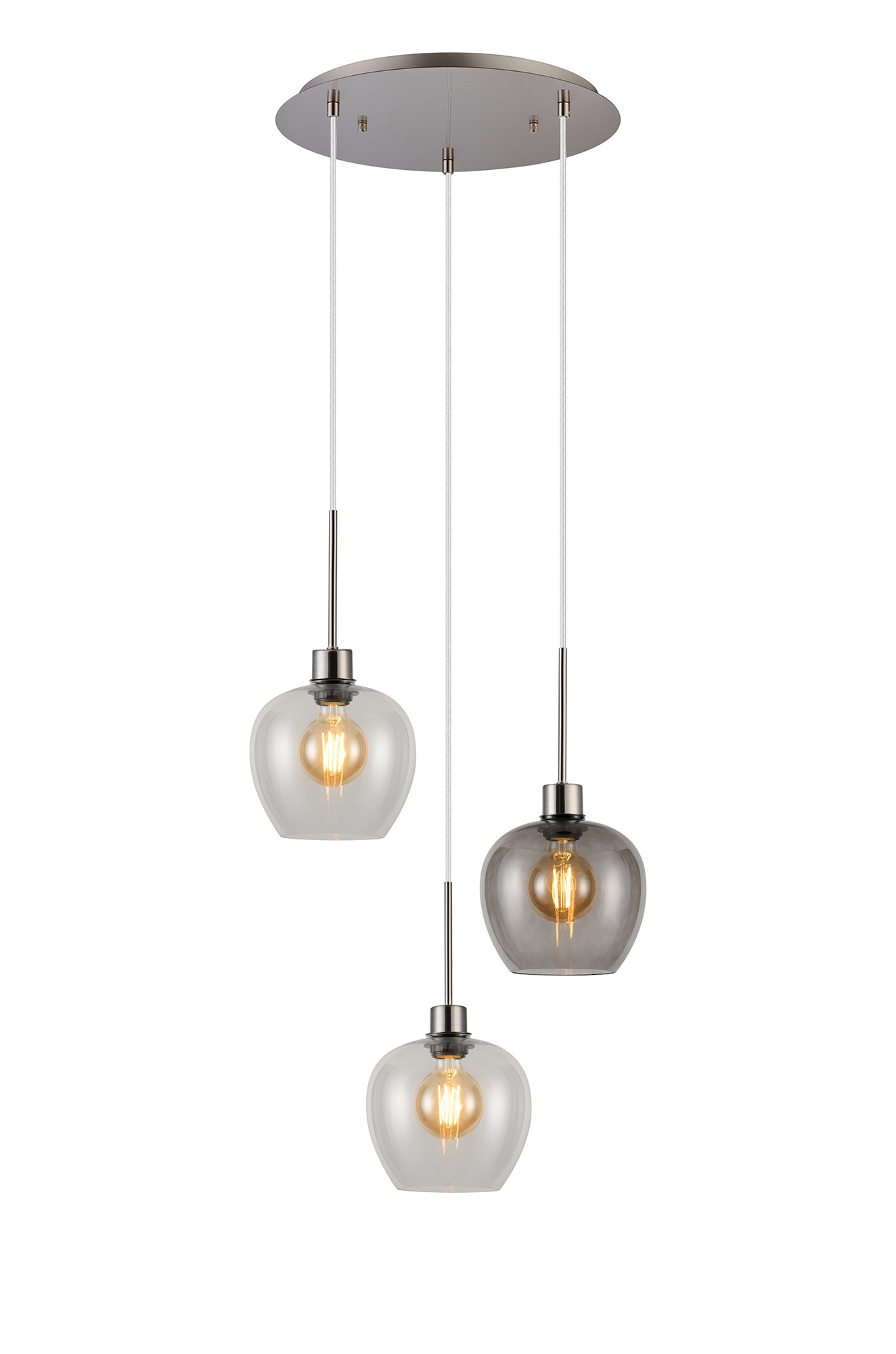 DK1372  Lori 40cm Round Pendant, 3 Light Adjustable E27, Satin Nickel/Clear/Smoke Wine Shades